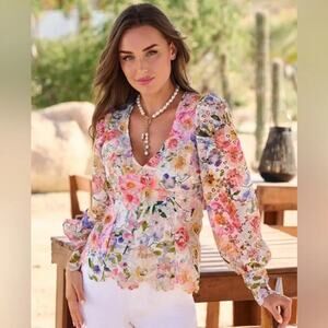 Boston Proper NEW Garden Floral Lace Fitted Bodice Puff Slv V-Neck Blouse Medium